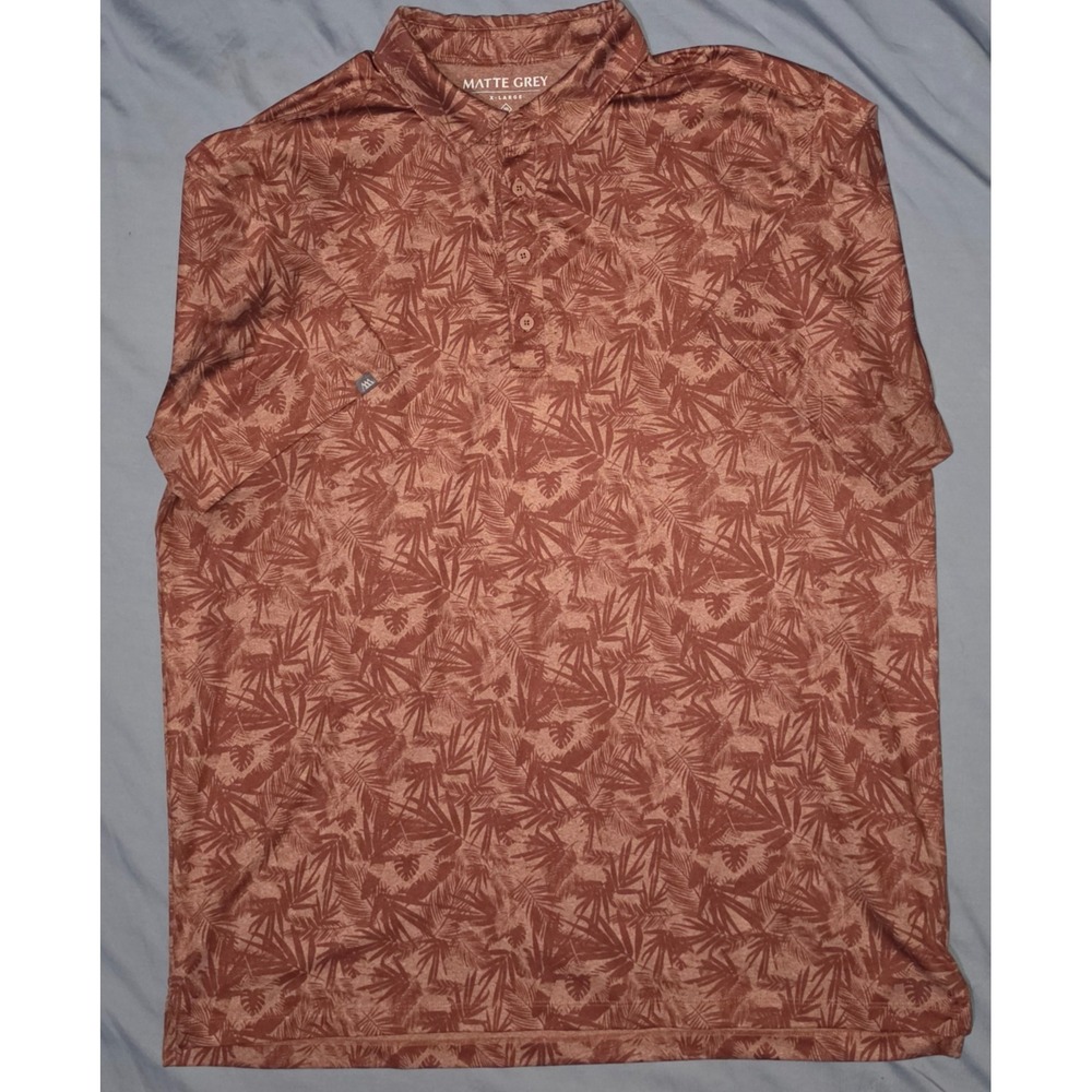 Matte Grey Red Palm AOP Print Mens Golf Polo Size XL